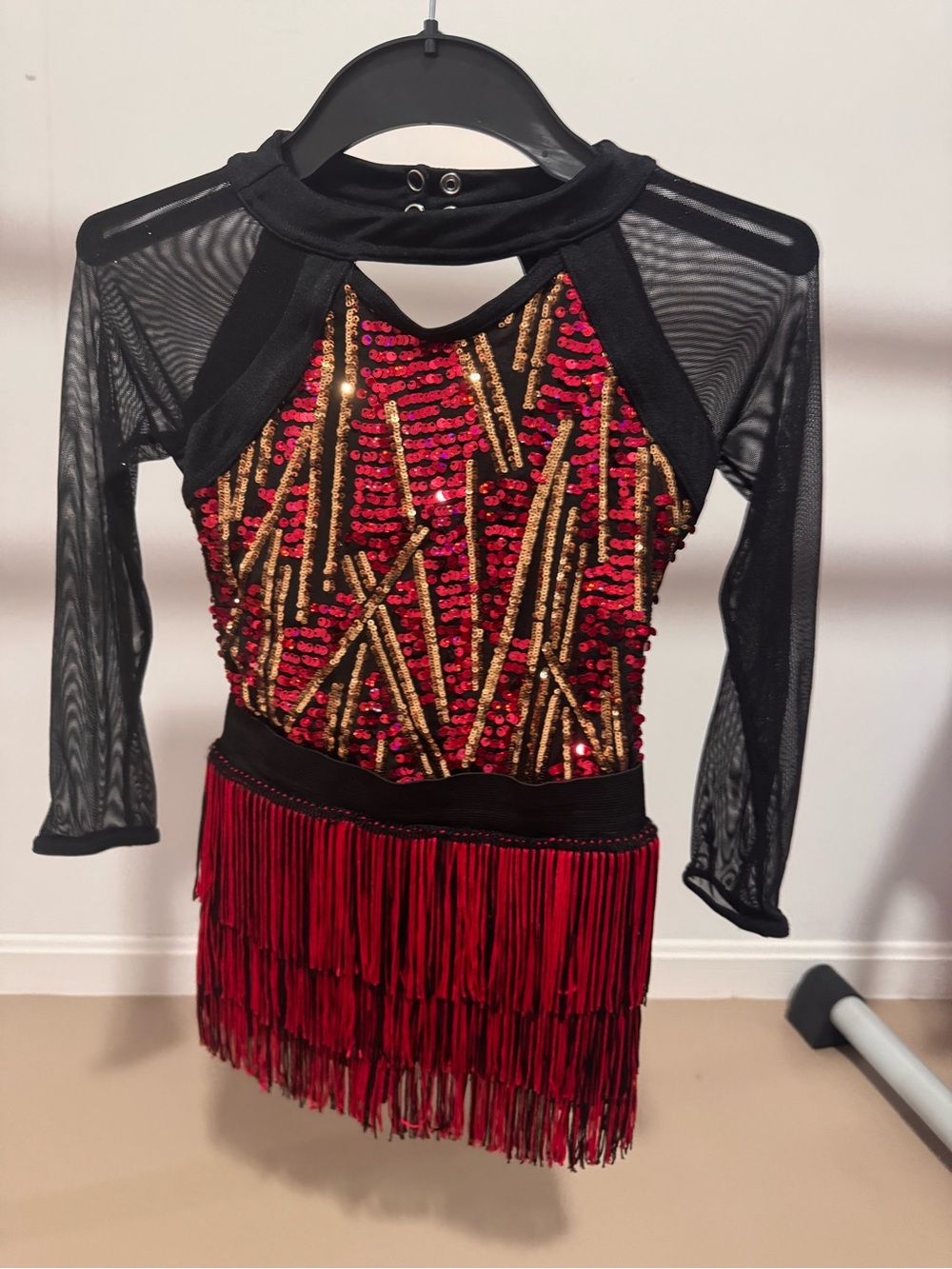Weissman Black, Red and Gold Sequin Fringe Dance Dress